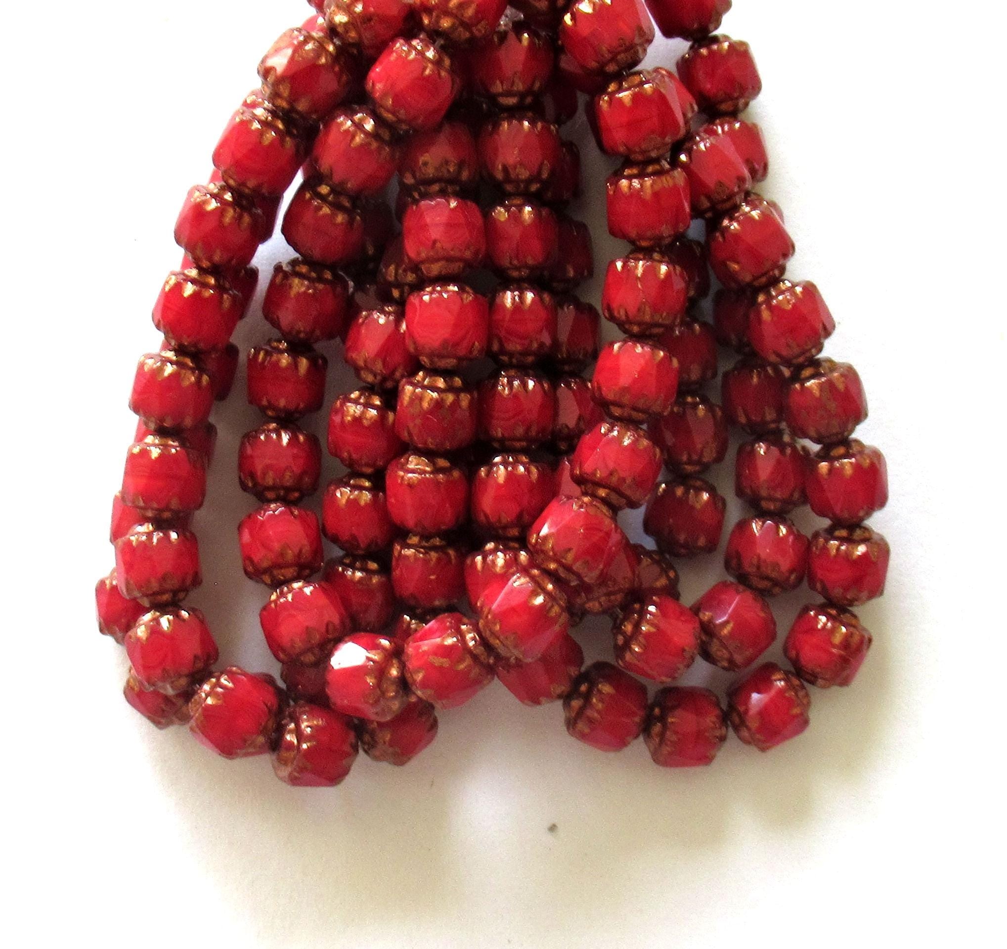 Lot of 20 6mm Czech glass cathedral beads - red opal w/ copper accents - faceted fire polished antique cut beads - C00971