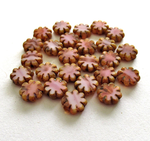 20 Czech glass flower beads - light & dark pink picasso beads - 9mm - table cut - cactus flower beads - C00871