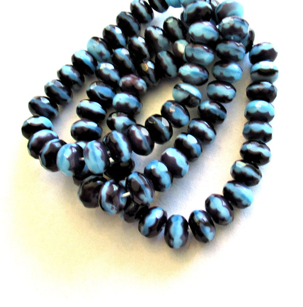 25 Czech glass puffy rondelle beads - 5 x 7mm opaque dark purple / tanzanite & opaque sky blue color mix faceted rondelles 00612