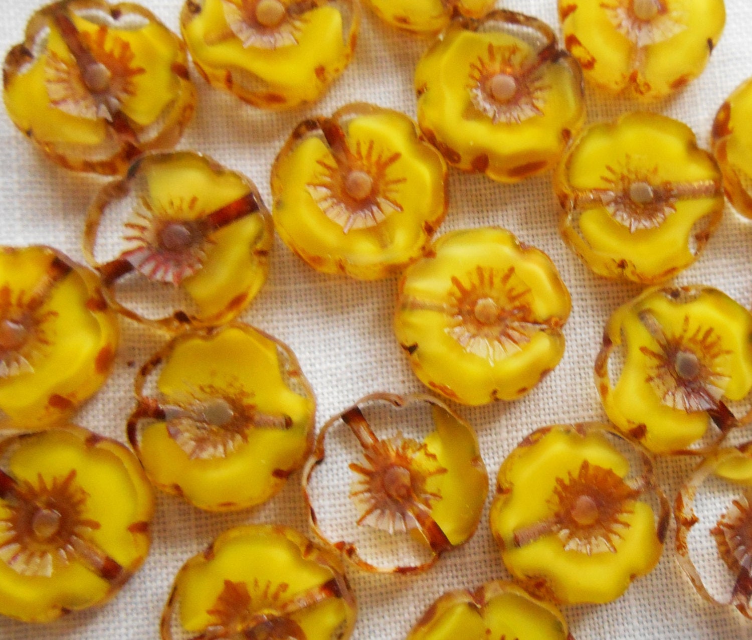 Six 14mm Czech glass flower beads - table cut, carved, yellow picasso Hawaiian floral beads C02101