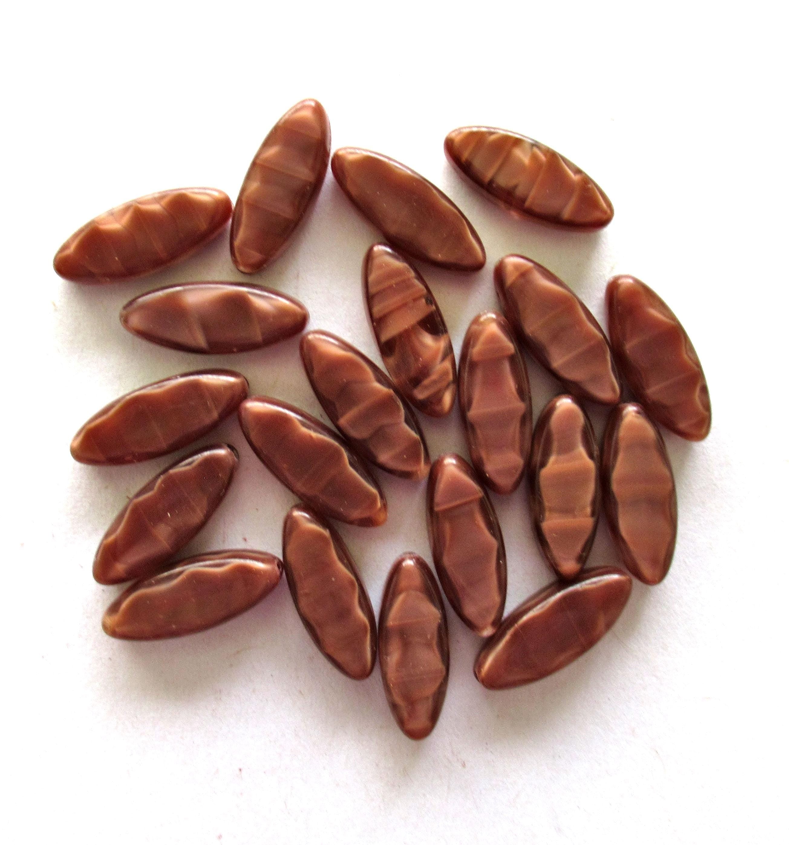 Ten Czech glass spindle beads - opaque brown silk beads - 16 x 6mm - table cut beads - C00331