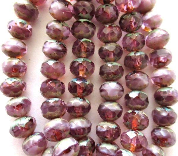 25 Czech glass faceted puffy rondelle beads - 5 x 7mm transparent & opaque purple lavender light amethyst mix picasso rondelles C00112
