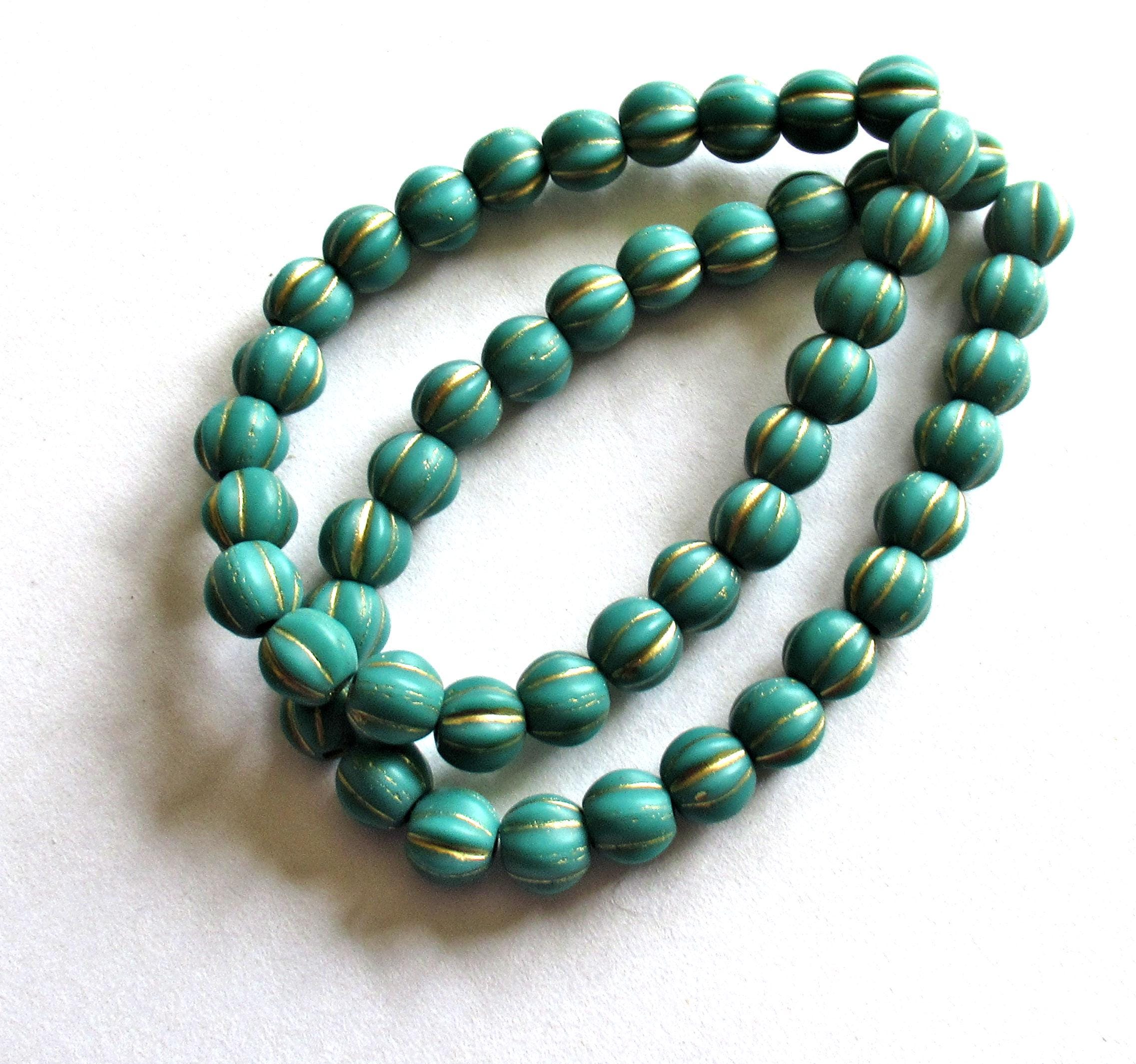 25 Czech glass melon beads - 6mm - opaque dark turquoise green with gold accents - C00601