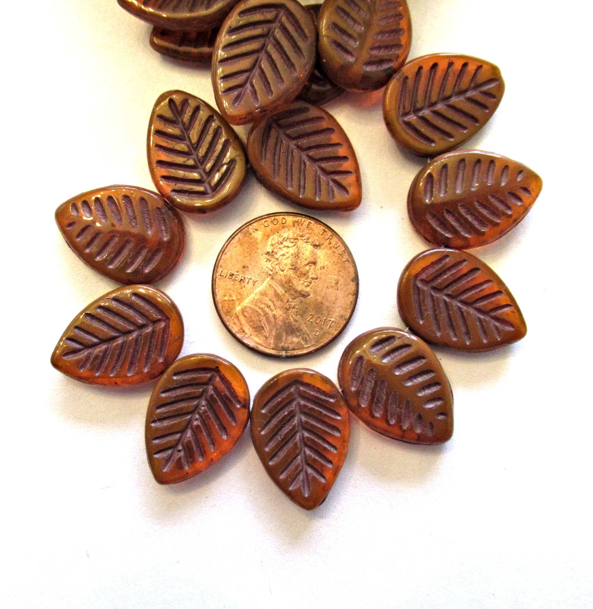 Ten large Czech glass leaf beads - side drilled - translucent burnt sienna / orange / brown beads - 12 x 16mm carved beads C00331