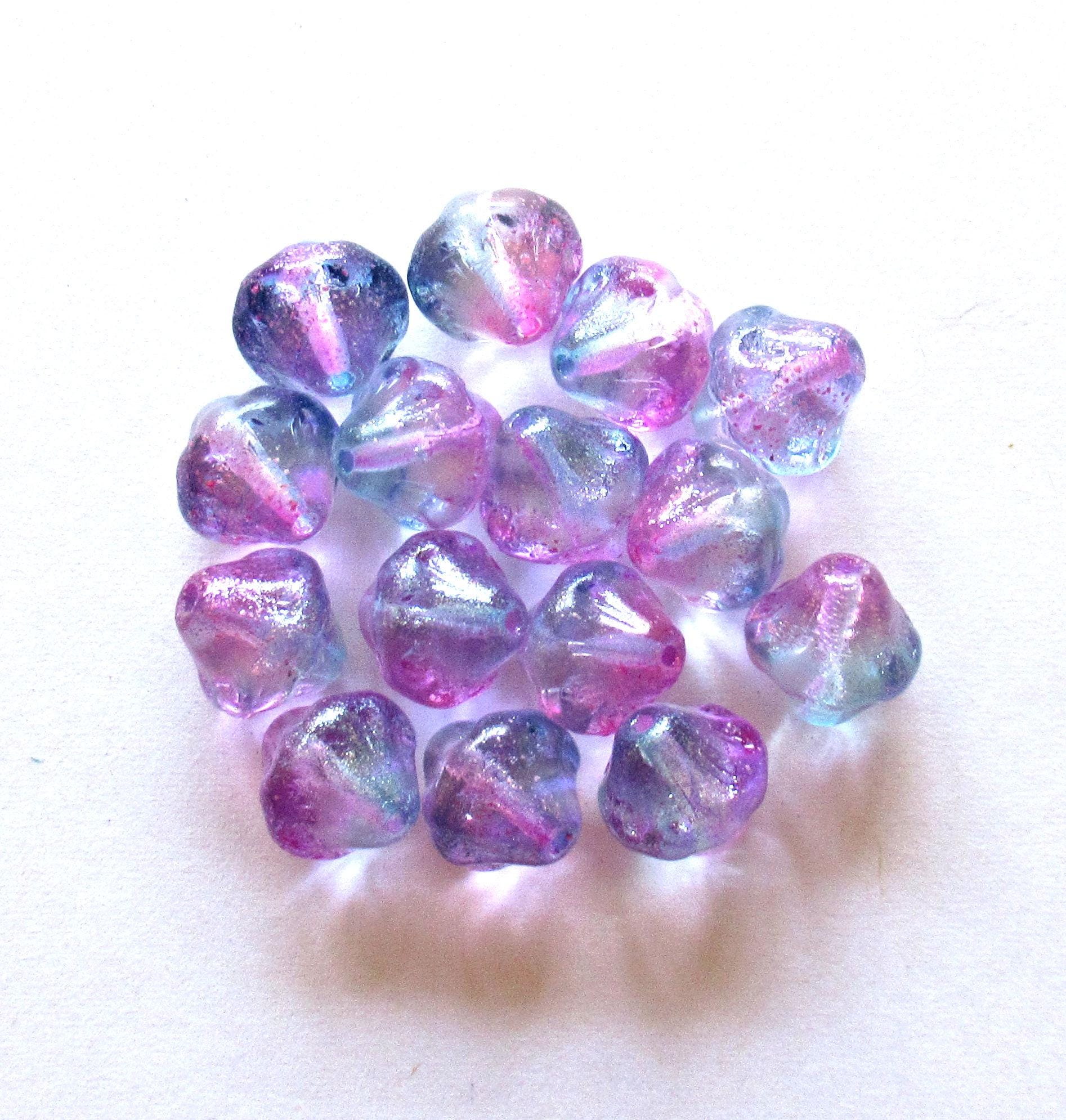 Six large Czech glass bicones - 11mm - pink & blue w/ a luster finish - C00201