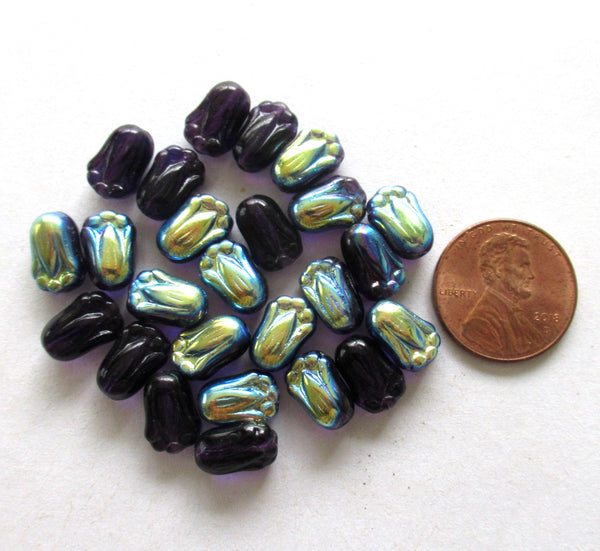 25 Czech glass tulip flower beads - tanzanite purple ab - 12 x 8mm - pressed glass beads - C00096