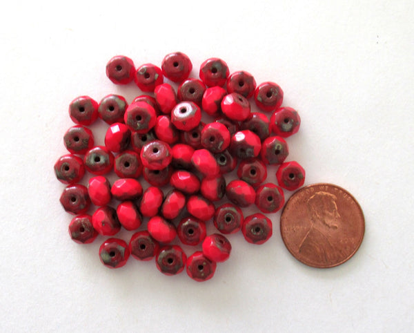 Lot of 25 4 x 7mm Czech glass puffy rondelles - Opaque deep red Picasso faceted donut beads - C0049
