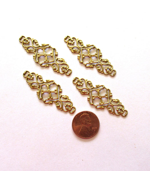 Four raw brass stampings - ornate Victorian connectors with rings - 1.75" x .75" inches USA made C00441