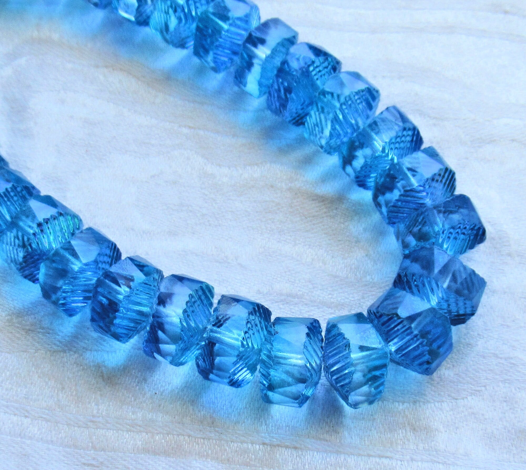 Six Czech glass faceted wavy rondelle beads - large 14 x 6mm aqua blue AB chunky rondelles - C38101