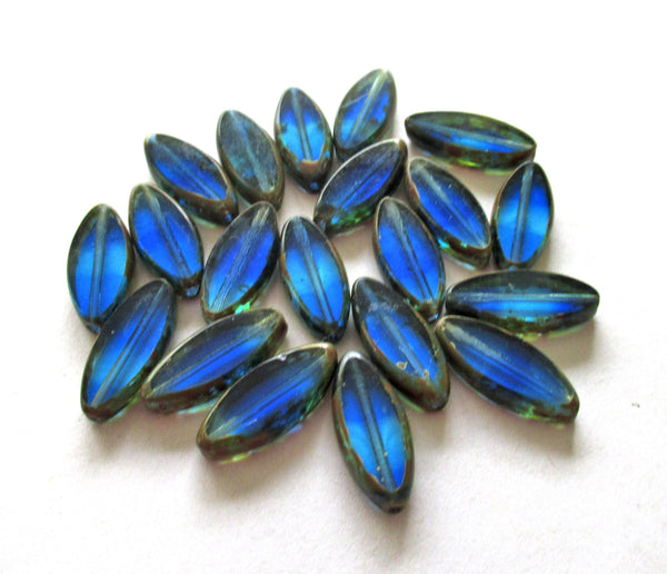 Ten 18 x 7mm Czech glass spindle beads - transparent marbled mix of sapphire and aqua blue picasso - table cut almond shaped beads C00191