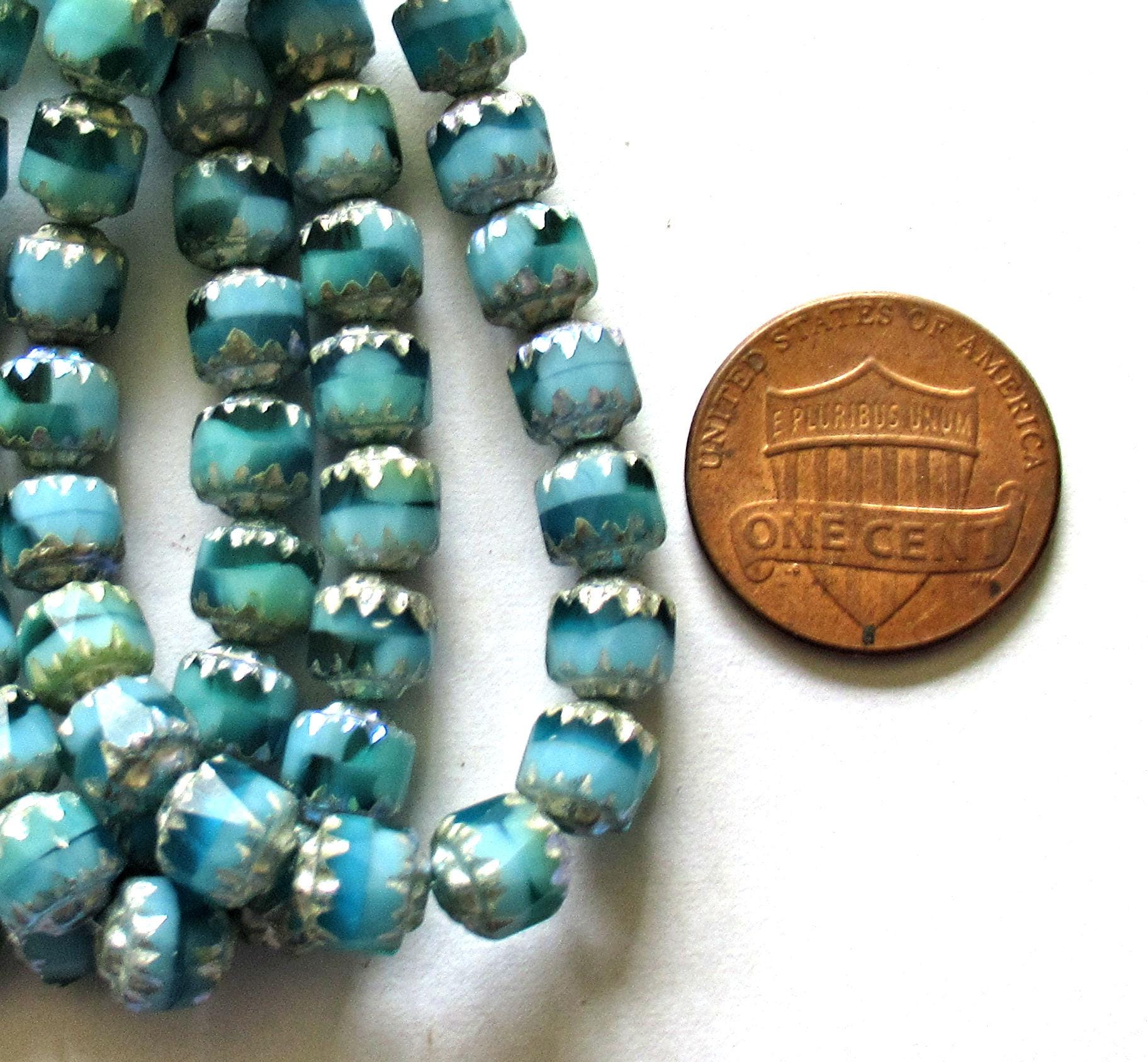 20 6mm Czech glass cathedral beads - blue green mix w/ silver picasso accents - antique cut beads C00072
