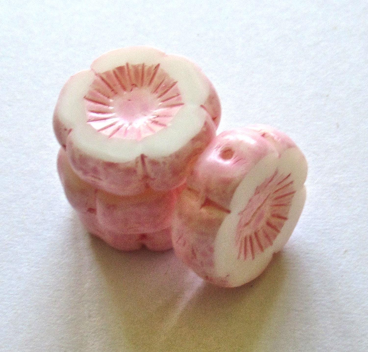 Five large Czech glass flower beads - 16mm - white with a pink wash - Vaseline glass - table cut & carved Hawaiian flower beads - C00522
