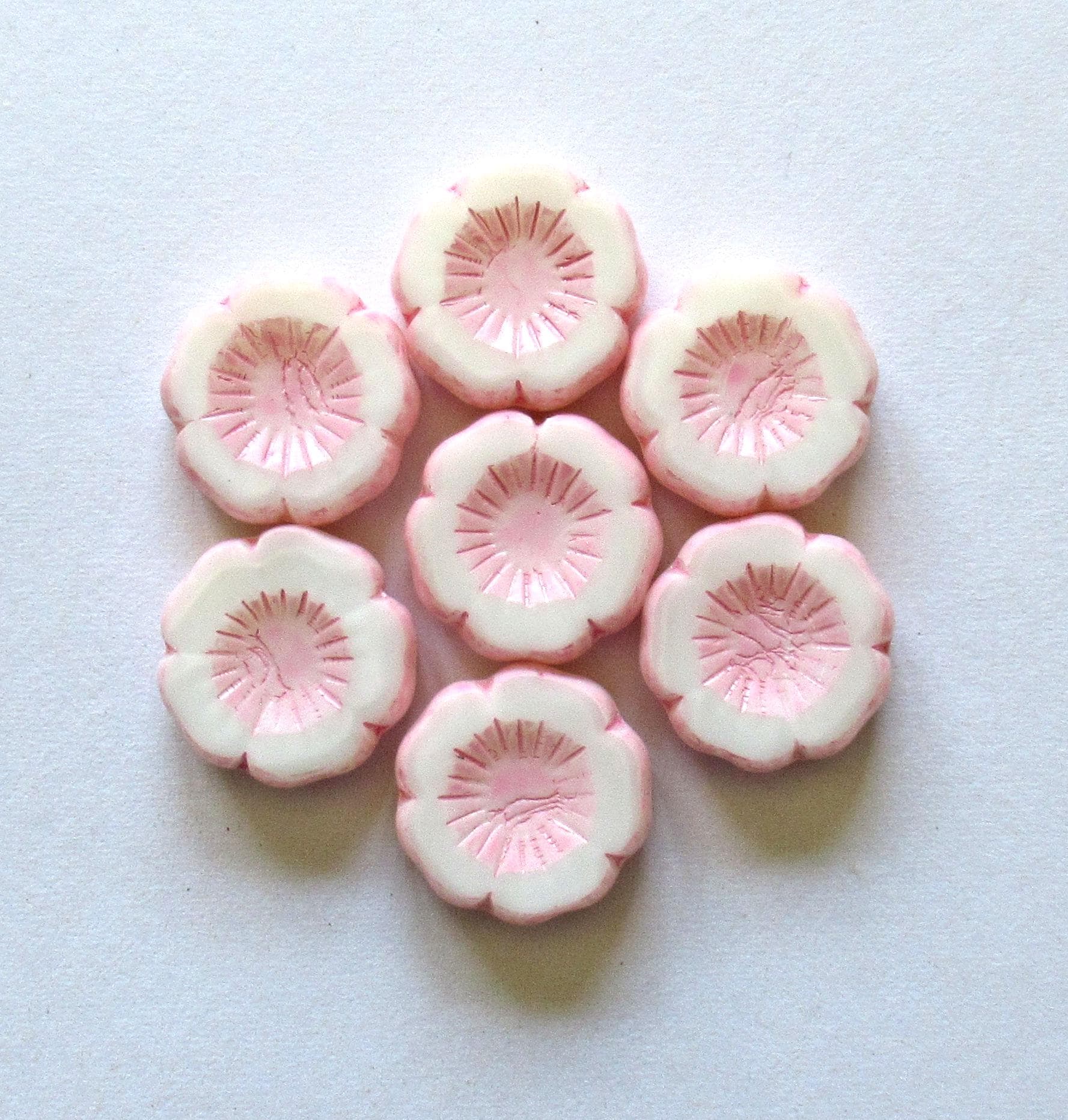 Five large Czech glass flower beads - 16mm - white with a pink wash - Vaseline glass - table cut & carved Hawaiian flower beads - C00522