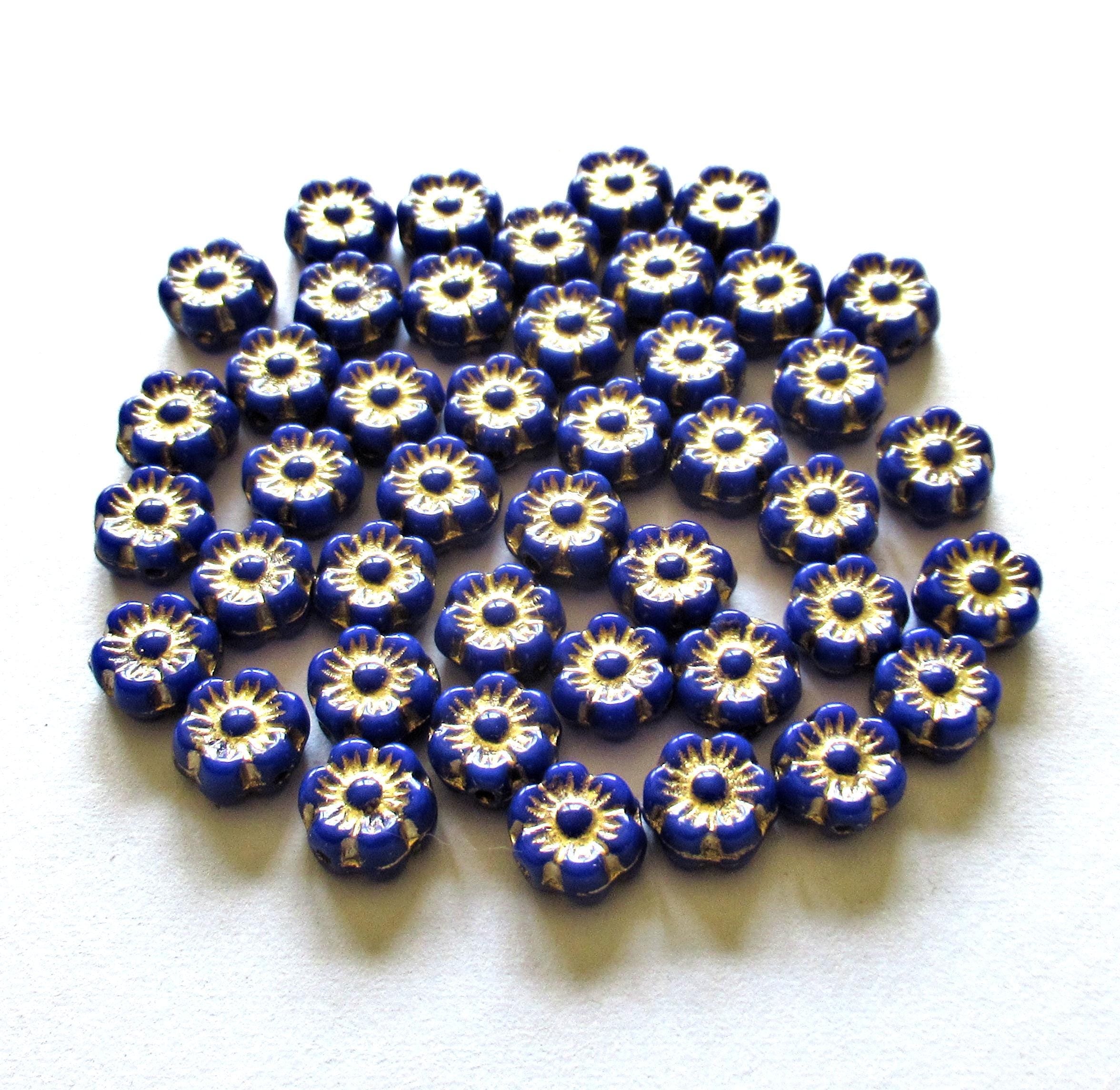 25 small Czech glass flower beads - 6mm - opaque royal blue beads with a gold wash - C0088