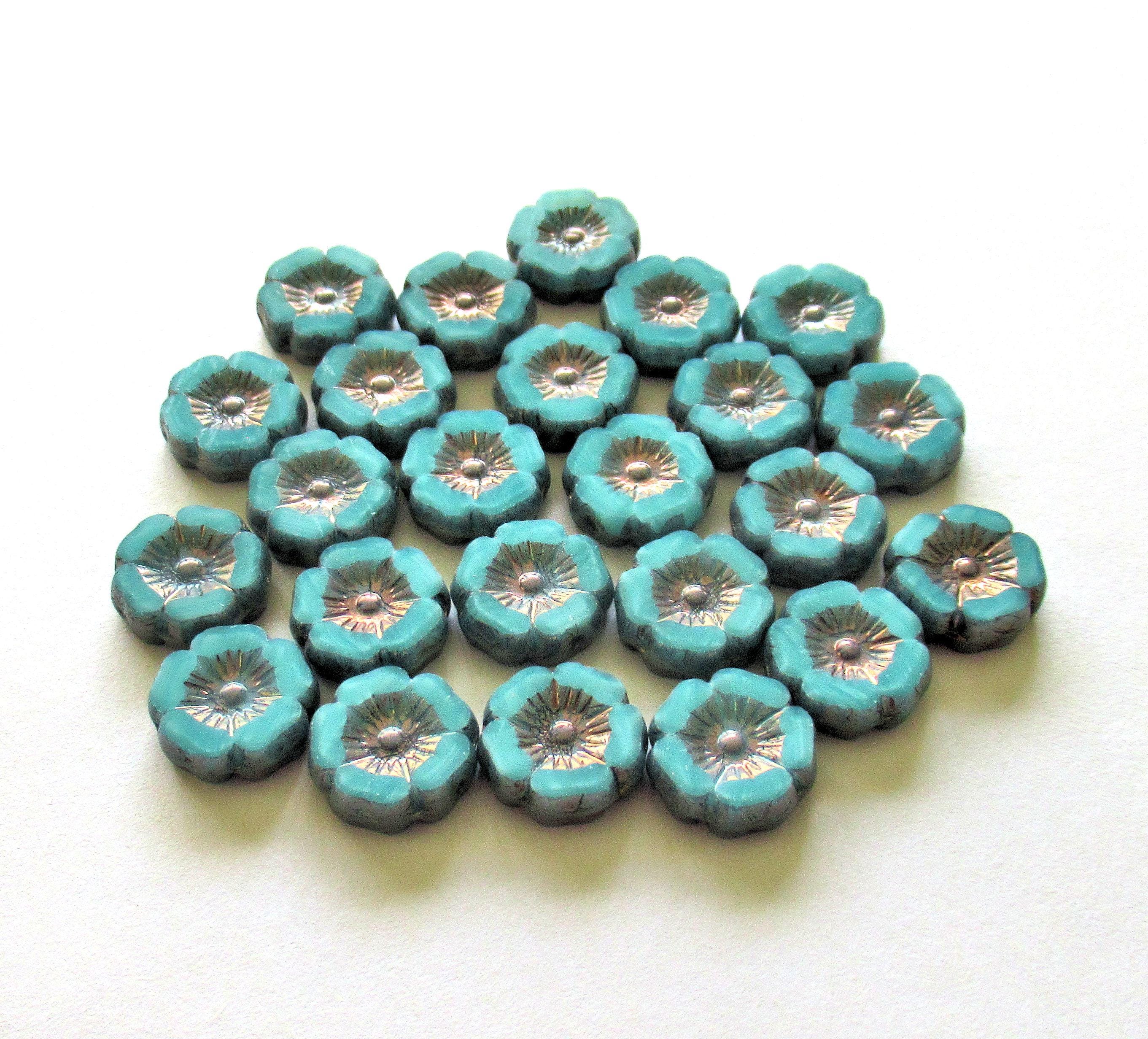 Czech glass flower beads - 12mm - sky blue silk w/ purple bronze accents - Vaseline glass - table cut carved flowers - 8 beads - C00352