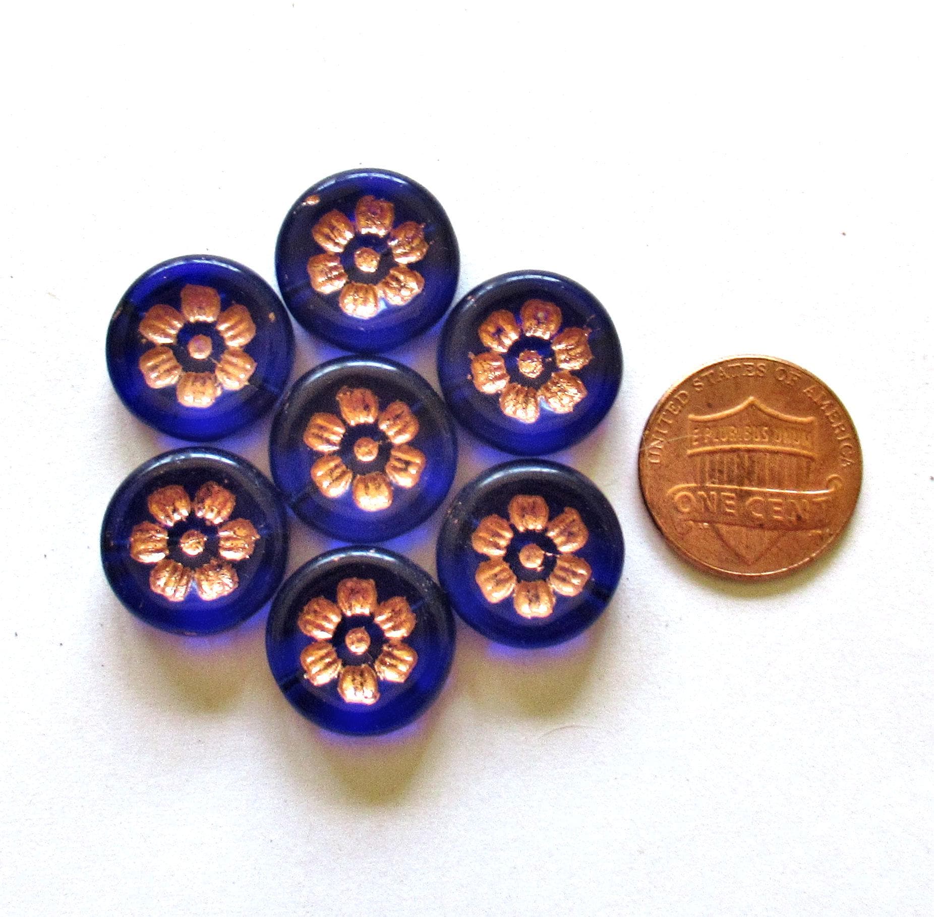 Six 16mm Czech glass flower beads - cobalt blue beads w/ copper accents - thick floral coin beads - C00491
