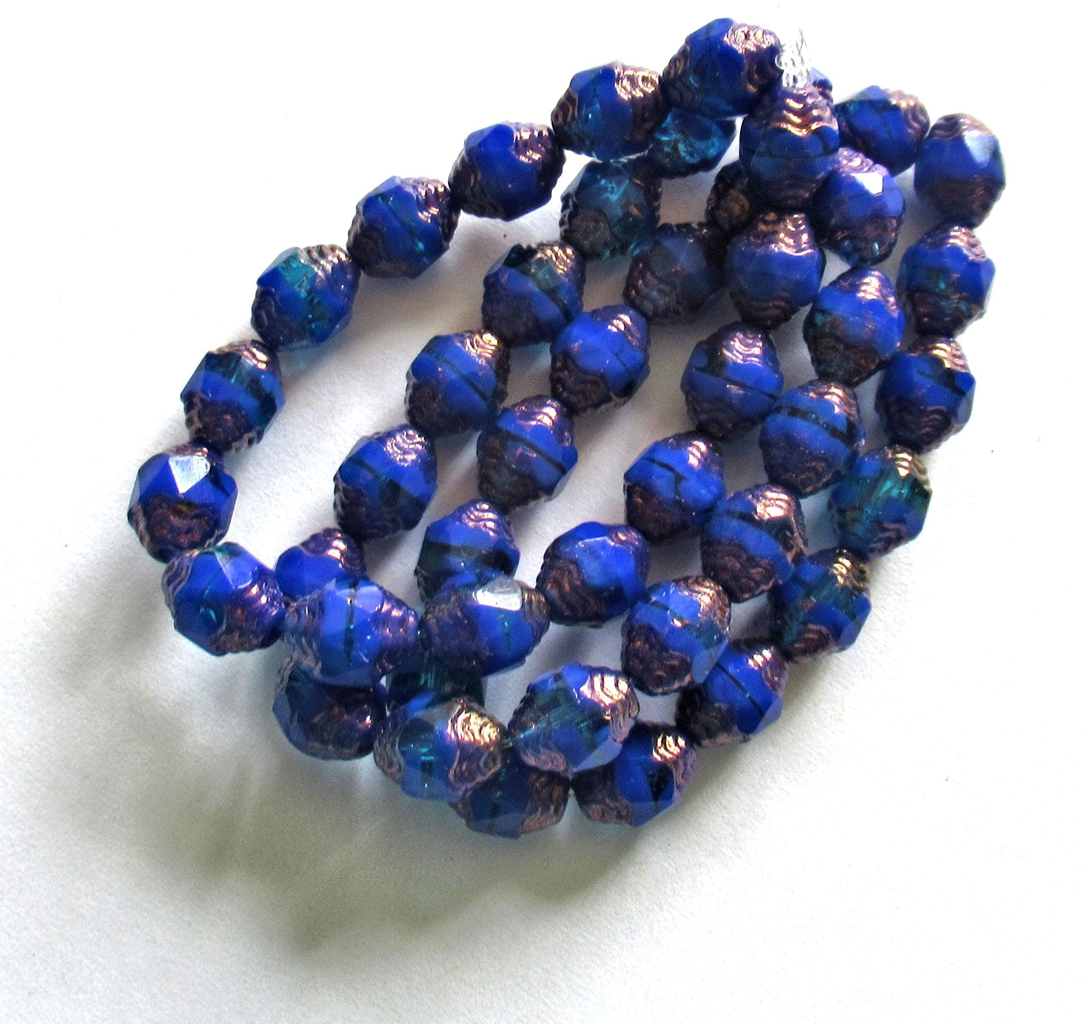 15 Czech glass mini antique style faceted oval beads - 8 x 6mm - blue mix with bronze accents - cathedral beads - C00892