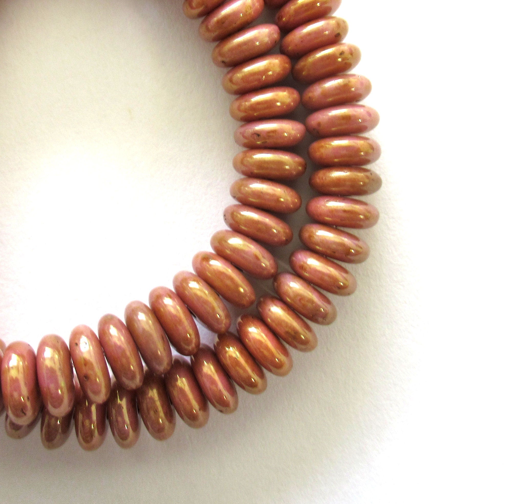Lot of 50 6mm Czech glass rondelle spacer beads - opaque pink with a luster goldstone finish - spacers or rondelles C00601