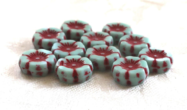 12 Czech glass flower beads - opaque sky blue with red accents - 12mm table cut carved - Hawaiian Hibiscus floral beads C00542