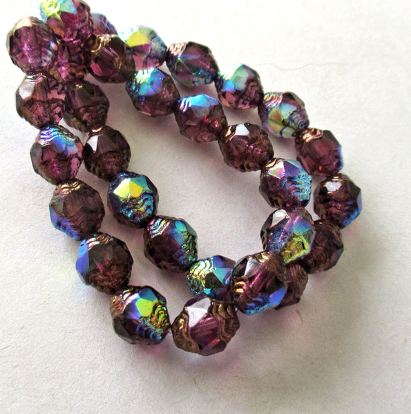 15 Czech glass mini antique style oval beads - 8 x 6mm amethyst purple ab beads with bronze accents - faceted fire polished beads - C00191