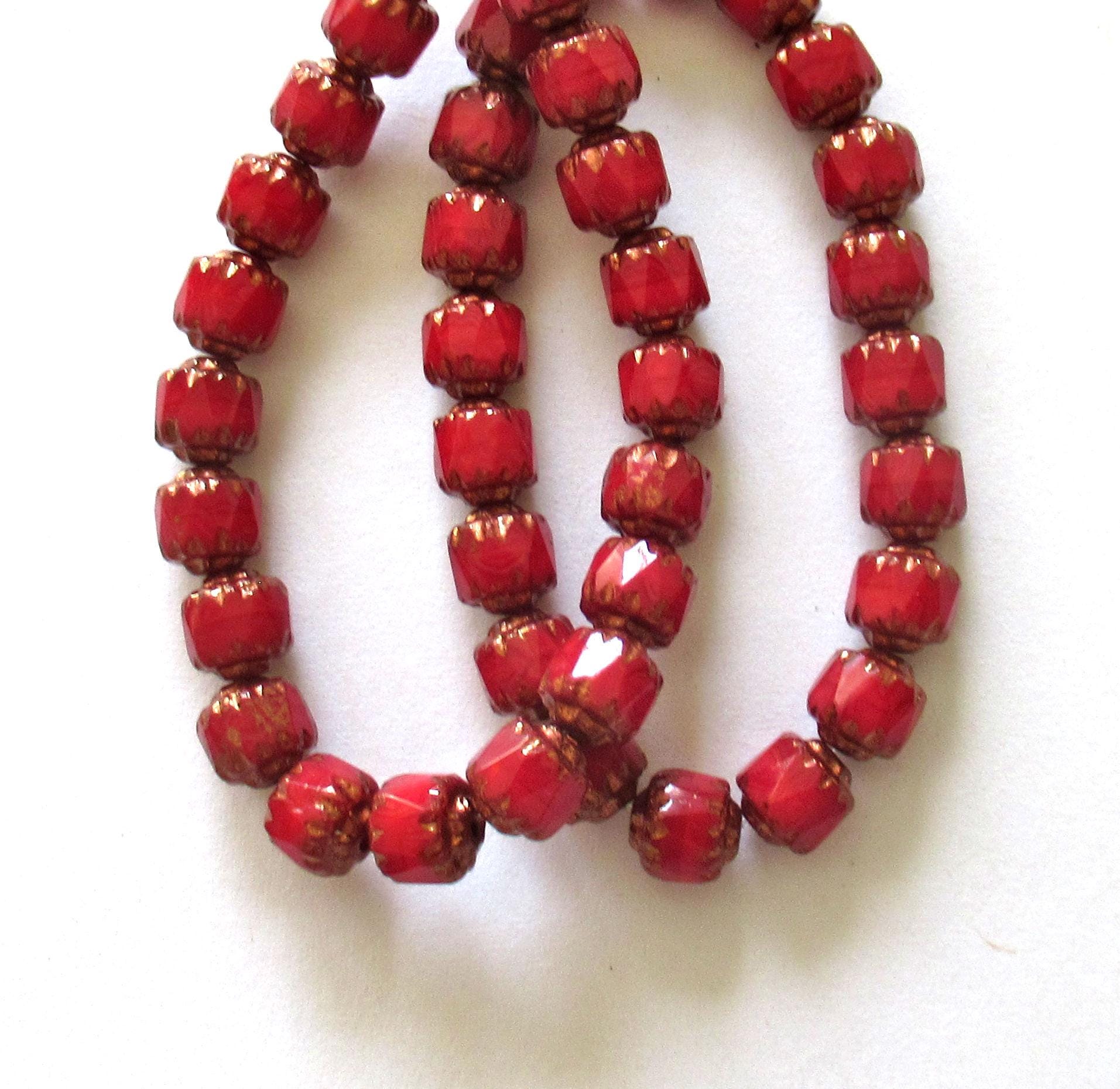 Lot of 20 6mm Czech glass cathedral beads - red opal w/ copper accents - faceted fire polished antique cut beads - C00971