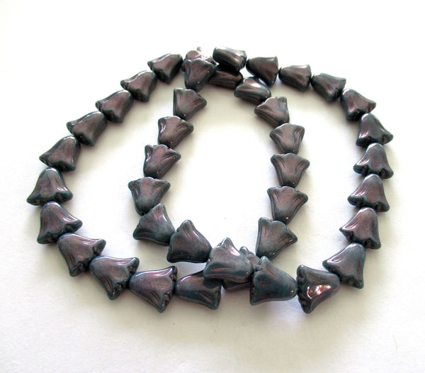 15 Czech glass flower beads - 10 x 10mm opaque blue beads with a purple luster finish - lily flower beads - 00441