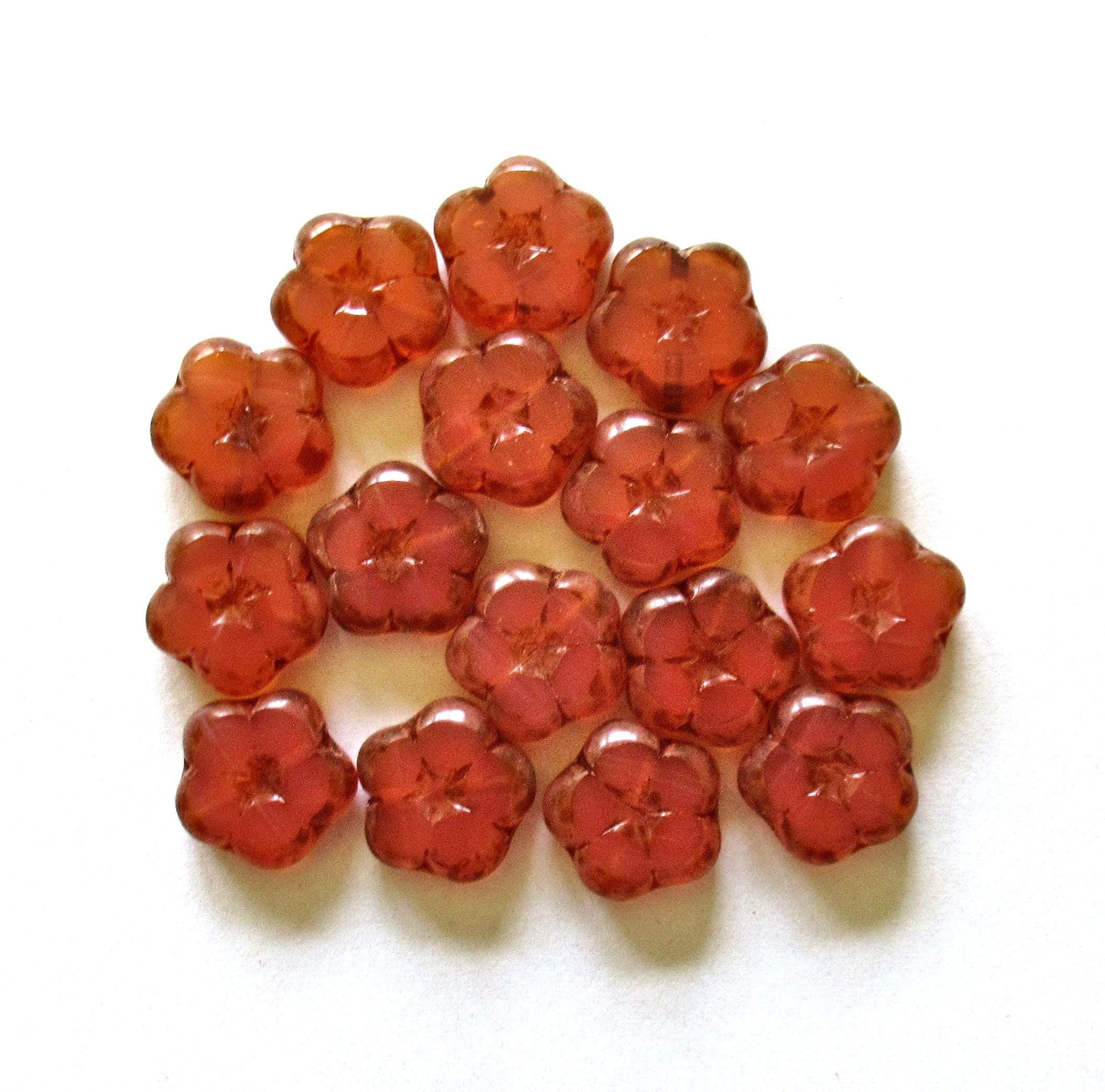 Six Czech glass flower beads - 14mm - translucent salmon pink w/ picasso accents - table cut & carved - C00541
