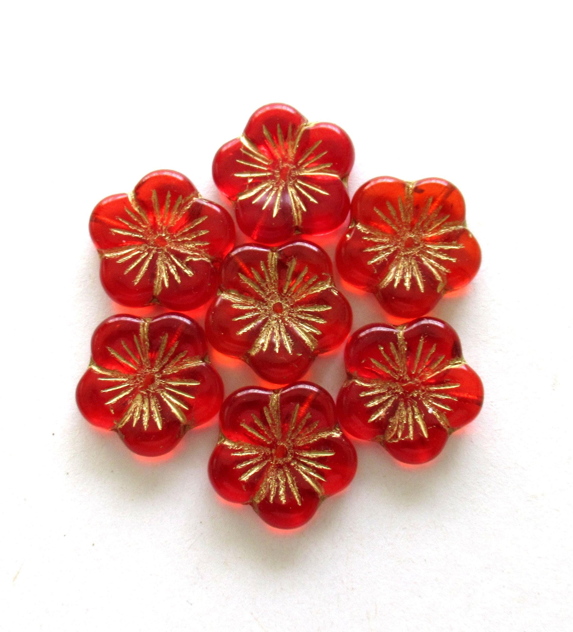 Four large Czech glass flower beads siam red pansy beads with gold accents beads focal or statement beads 20mm 00521