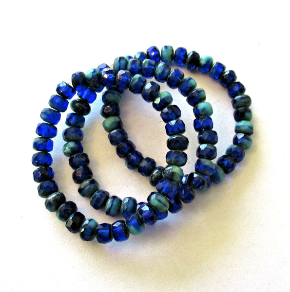 30 Czech glass puffy rondelle beads - 3 x 5mm transparent cobalt blue & opaque turquoise color mix faceted fire polished rondelles 00041