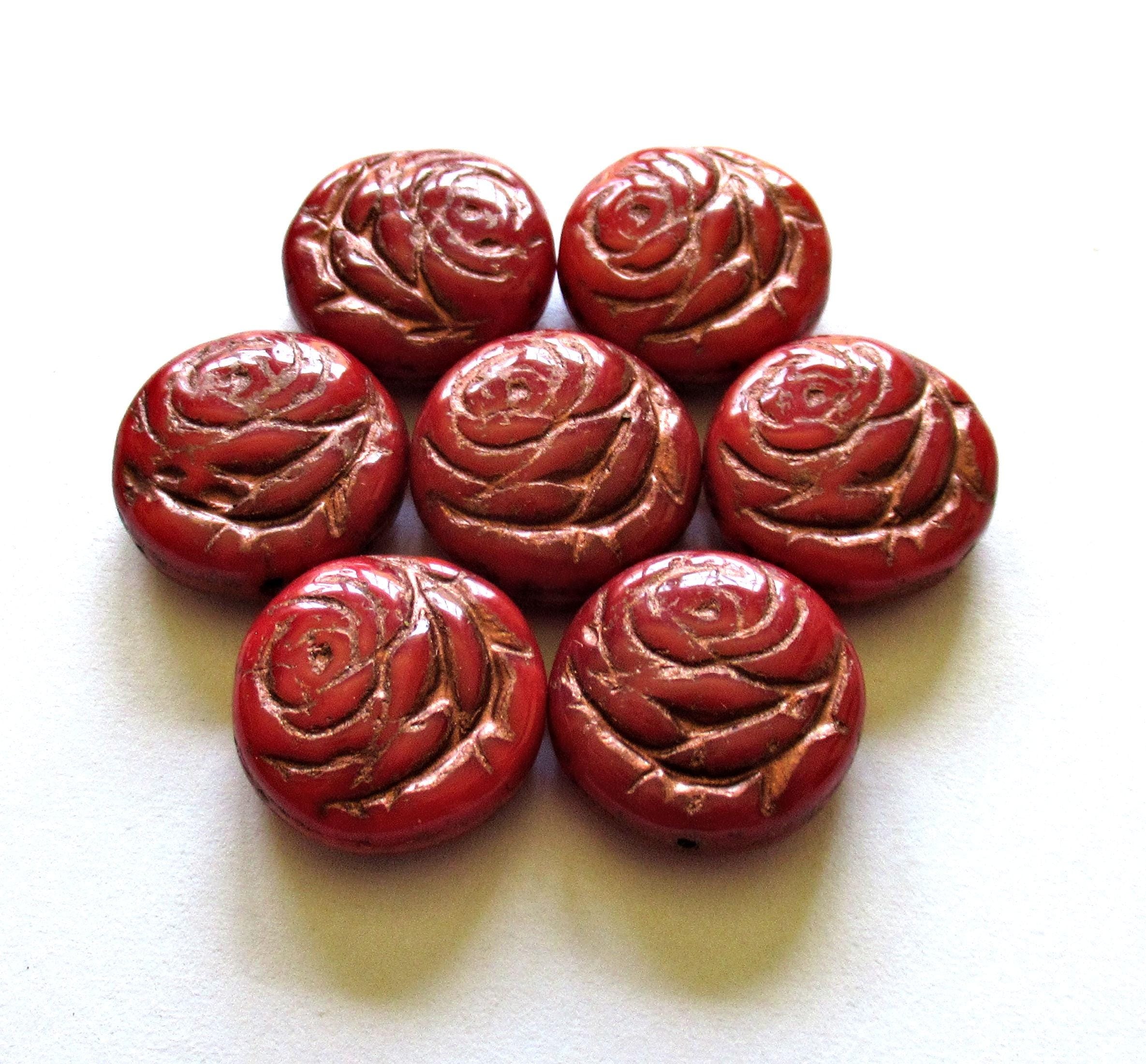 6 Czech glass flower coin beads - 17mm - opaque red - puffy pillow rose beads w/ a copper wash - C00971