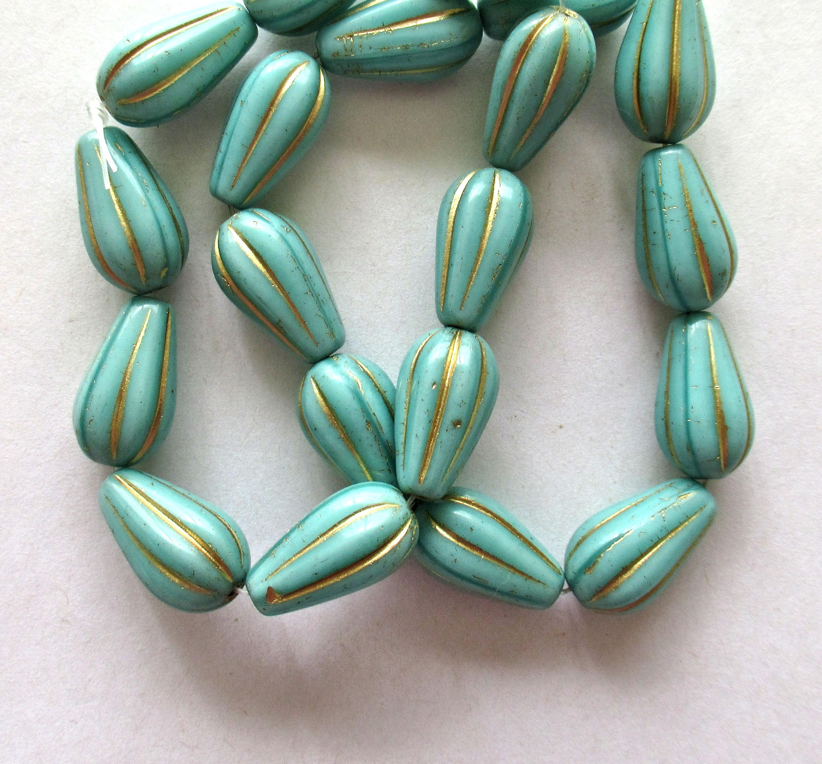 Ten Czech glass teardrop melon beads - turquoise blue green w/ gold accents - 15 x 8mm tear drops 00081