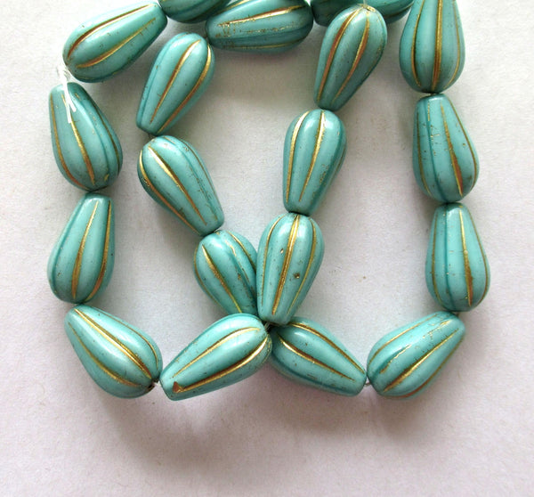 Ten Czech glass teardrop melon beads - turquoise blue green w/ gold accents - 15 x 8mm tear drops 00081
