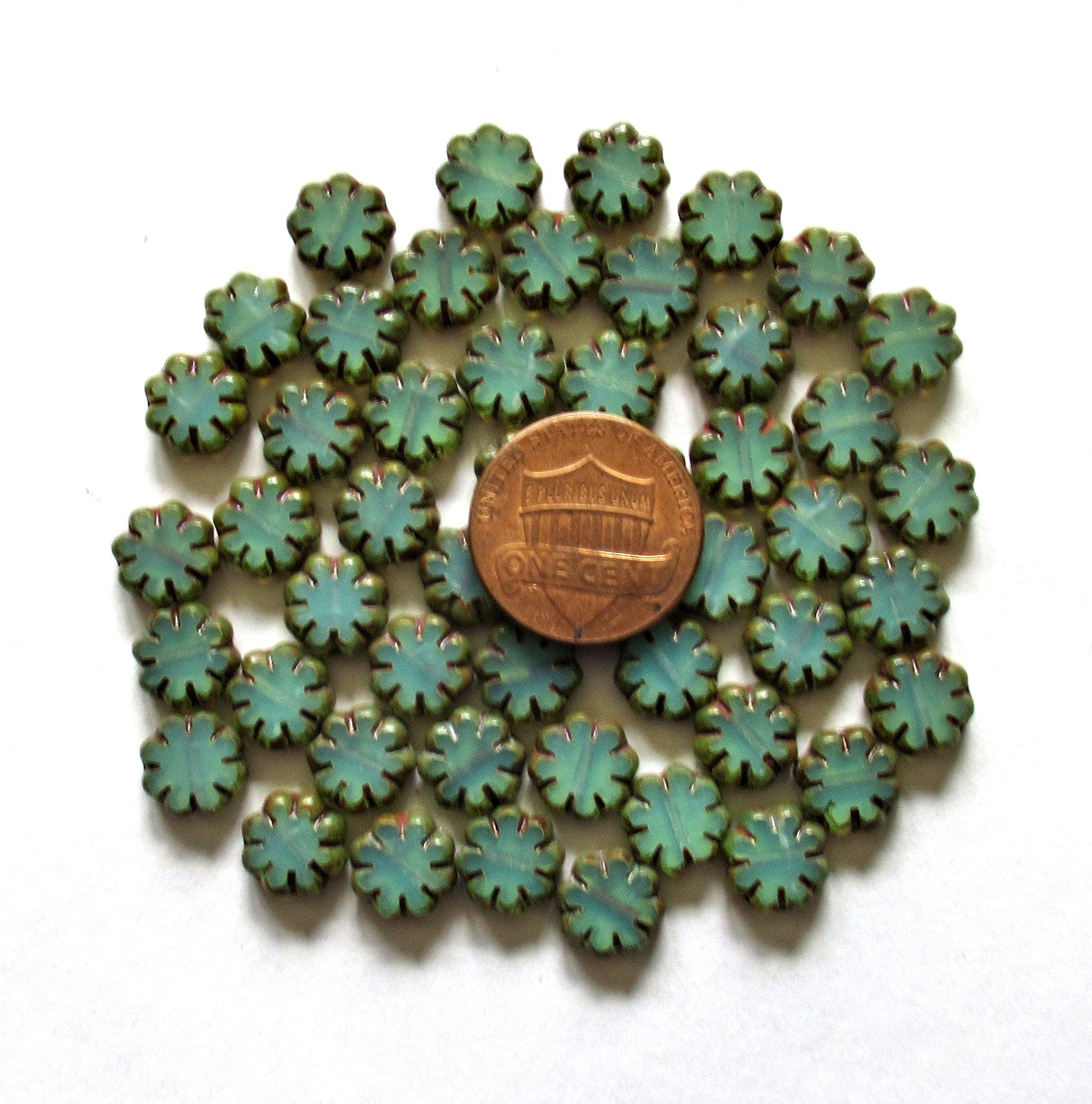 15 Czech glass cactus flower beads - translucent milky sea foam green picasso beads - 9mm - table cut - C00402