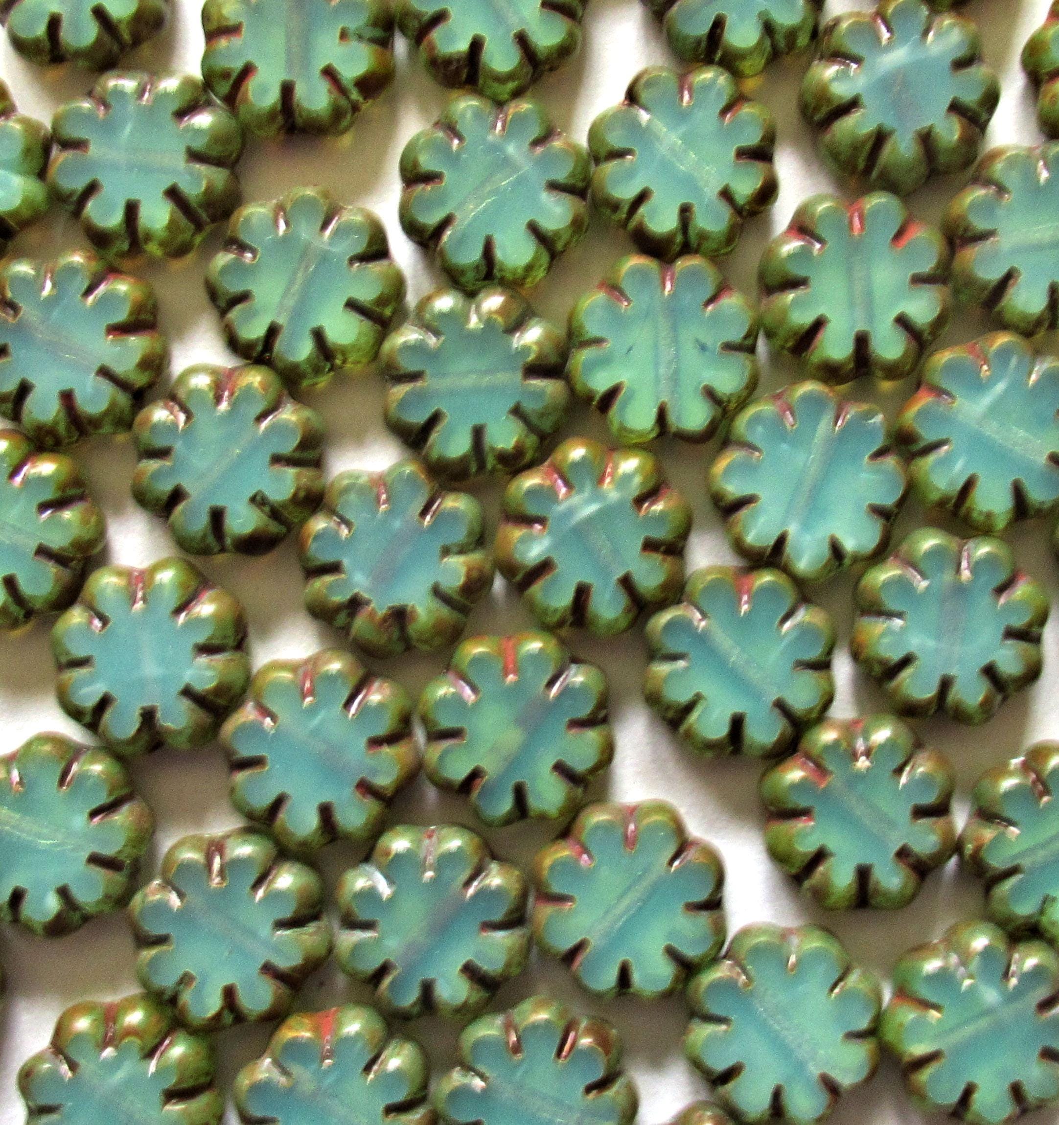 15 Czech glass cactus flower beads - translucent milky sea foam green picasso beads - 9mm - table cut - C00402