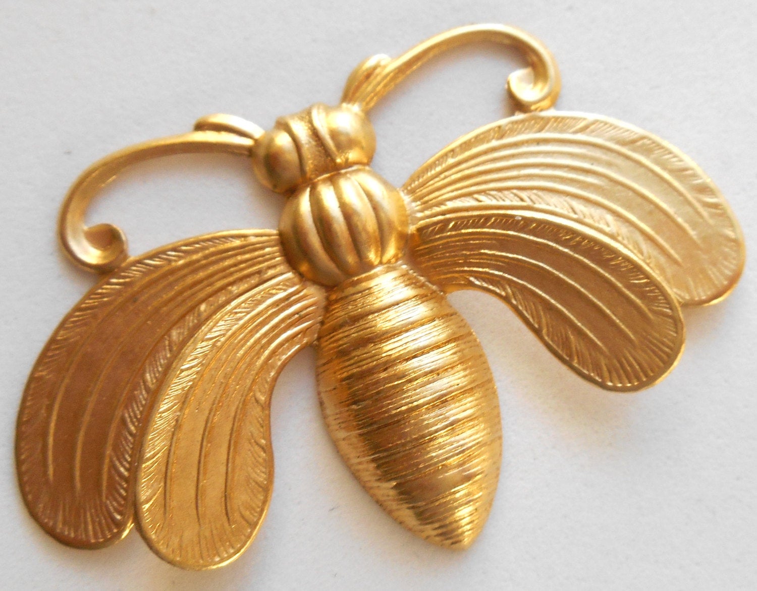 Large Raw Brass Stamping Moth, Bee, Bug, Insect Charm, Pendant, Component, Connector 49 x 34mm, made in the USA C4601 - Glorious Glass Beads