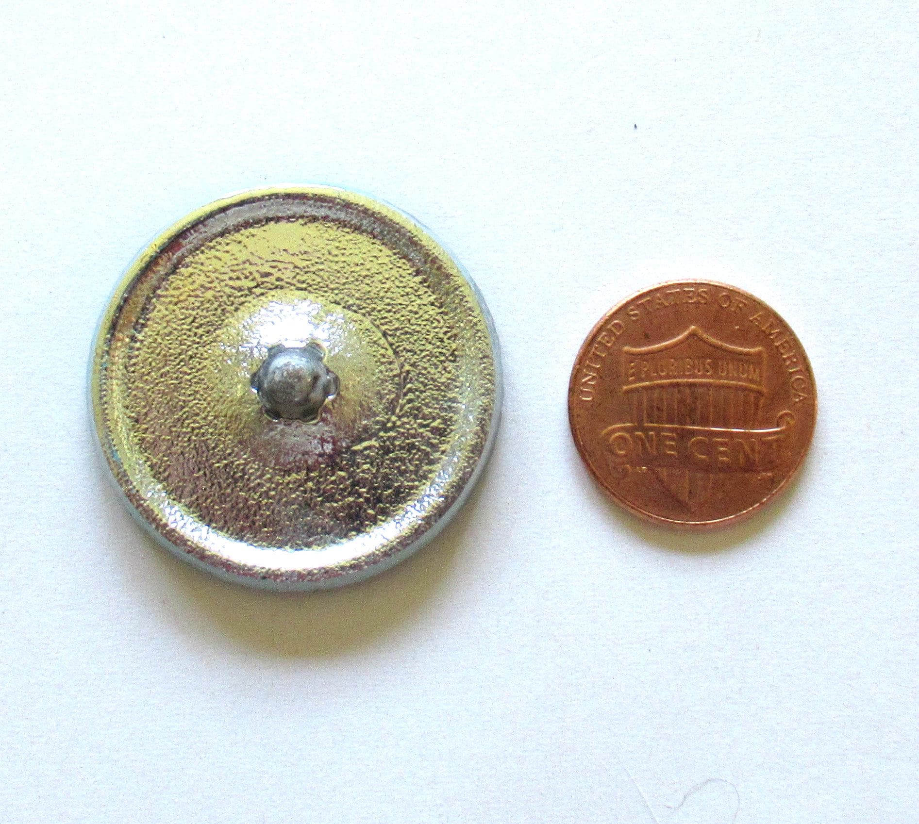 One 30mm Czech glass daisy flower button - iridescent blue & purple with gold accents and a blue wash - decorative shank button - 00054