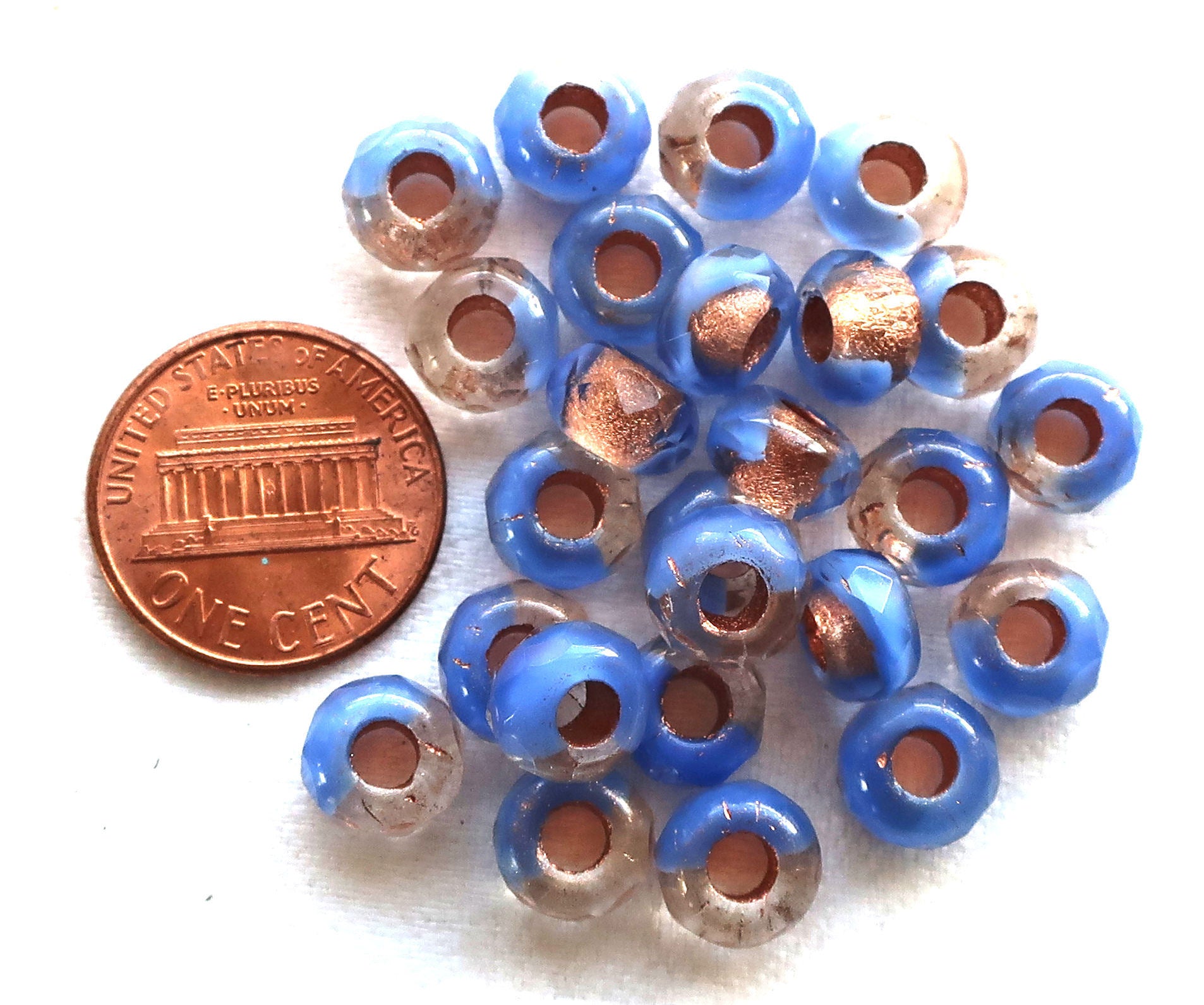 Ten Czech glass roller beads, 9mm x 6mm periwinkle blue & crystal, copper lined, faceted roller, rondelle beads, big 3.5mm hole beads C02110