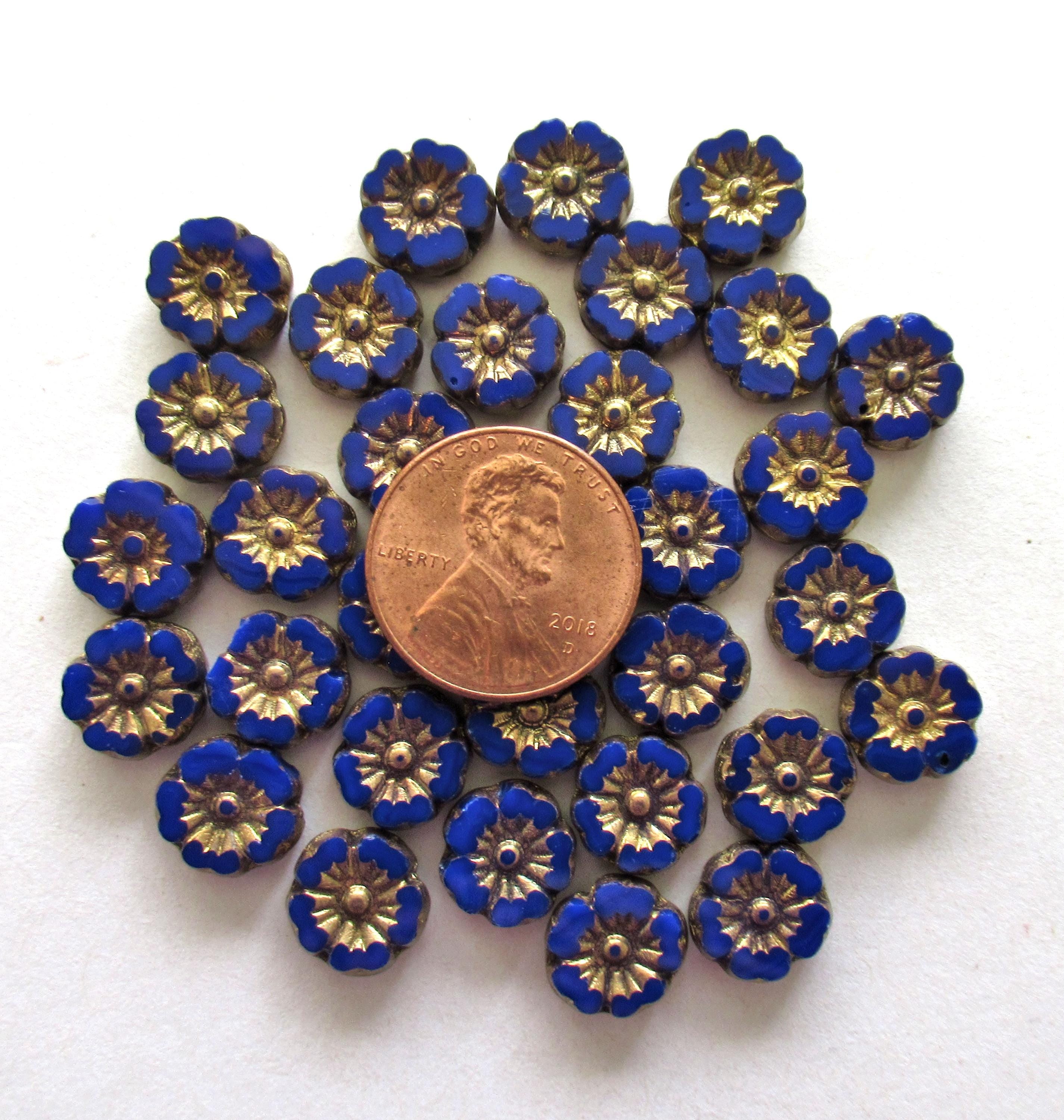 Lot of 16 9mm Czech glass flower beads - opaque royal blue beads w/ gold accents - Hawaiian hibiscus table cut carved beads C00591
