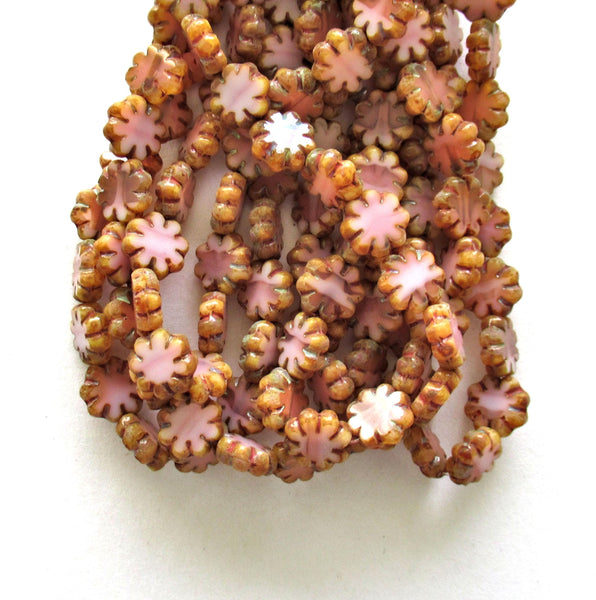 20 Czech glass flower beads - light & dark pink picasso beads - 9mm - table cut - cactus flower beads - C00871