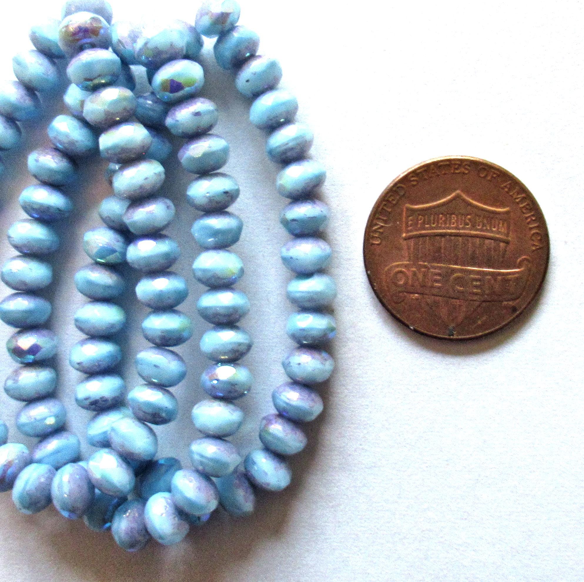 30 small Czech glass puffy rondelle beads - opaque baby blue AB w/ purple picasso accents - 3 x 5mm faceted beads - C00531