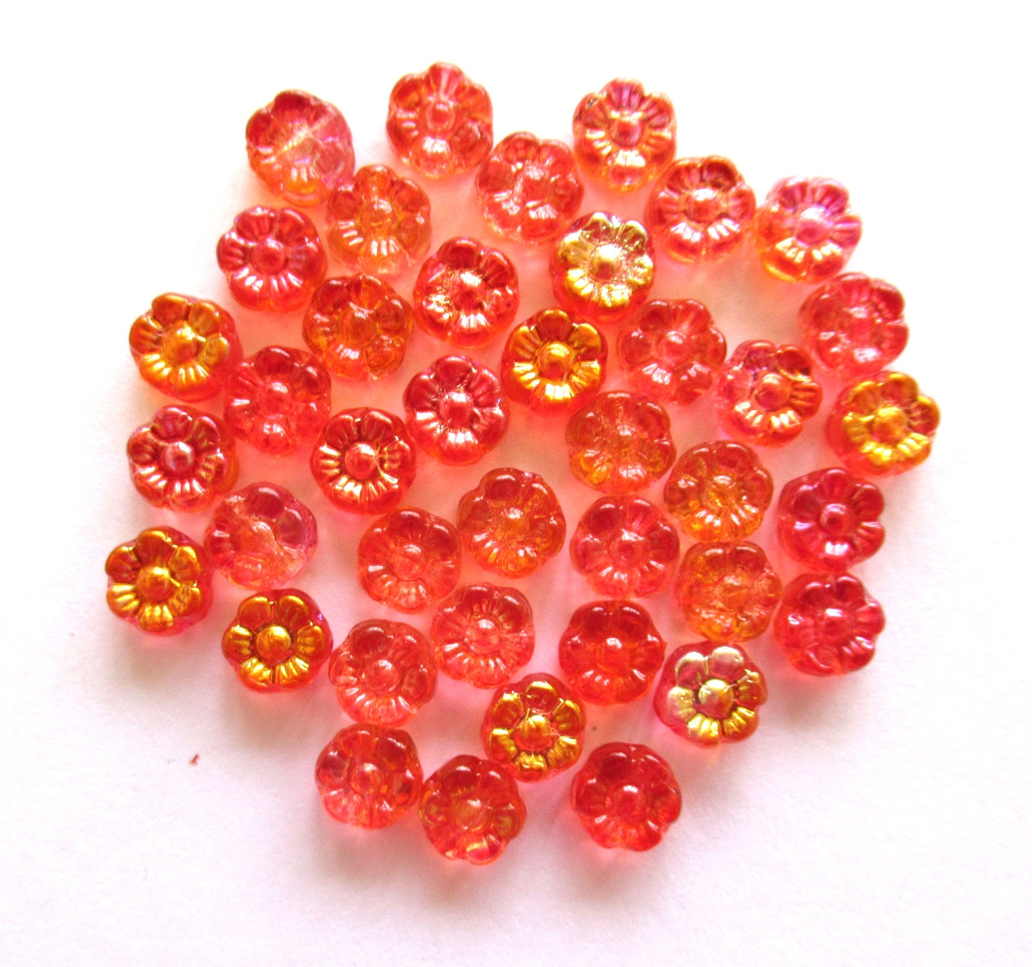 Thirty 6mm small Czech glass flower beads - hyacinth orange ab pressed glass flower beads - C00121