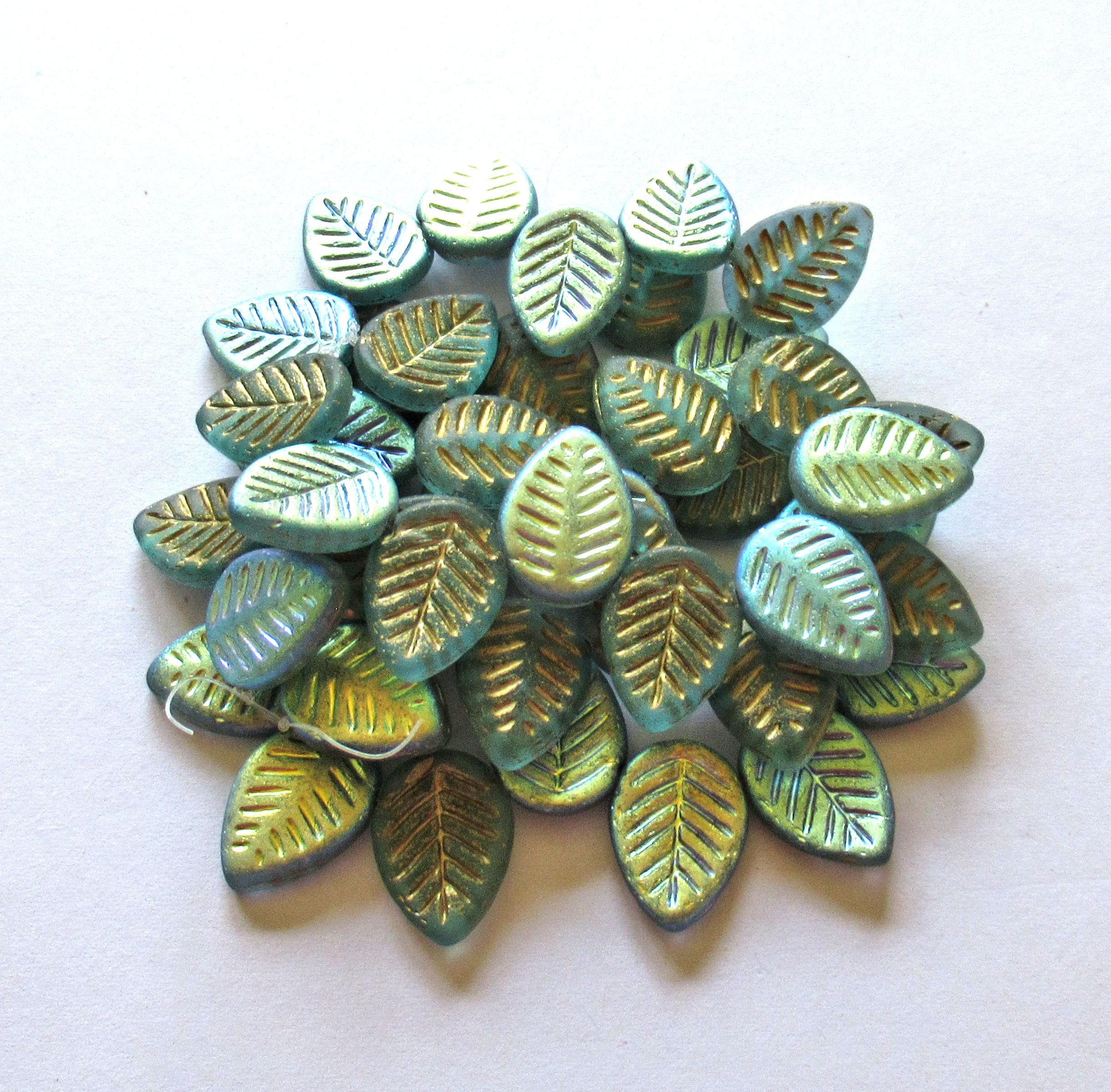 Ten large Czech glass leaf beads - side drilled - matte light teal blue green AB beads w/ a gold wash - 12 x 16mm - carved beads - C00612