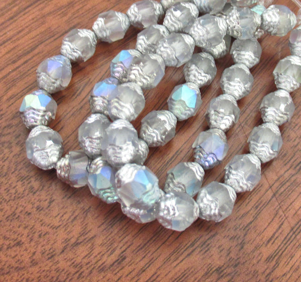 15 Czech glass mini antique style faceted oval beads - 8 x 6mm matte crystal clear ab with silver accents - C00071