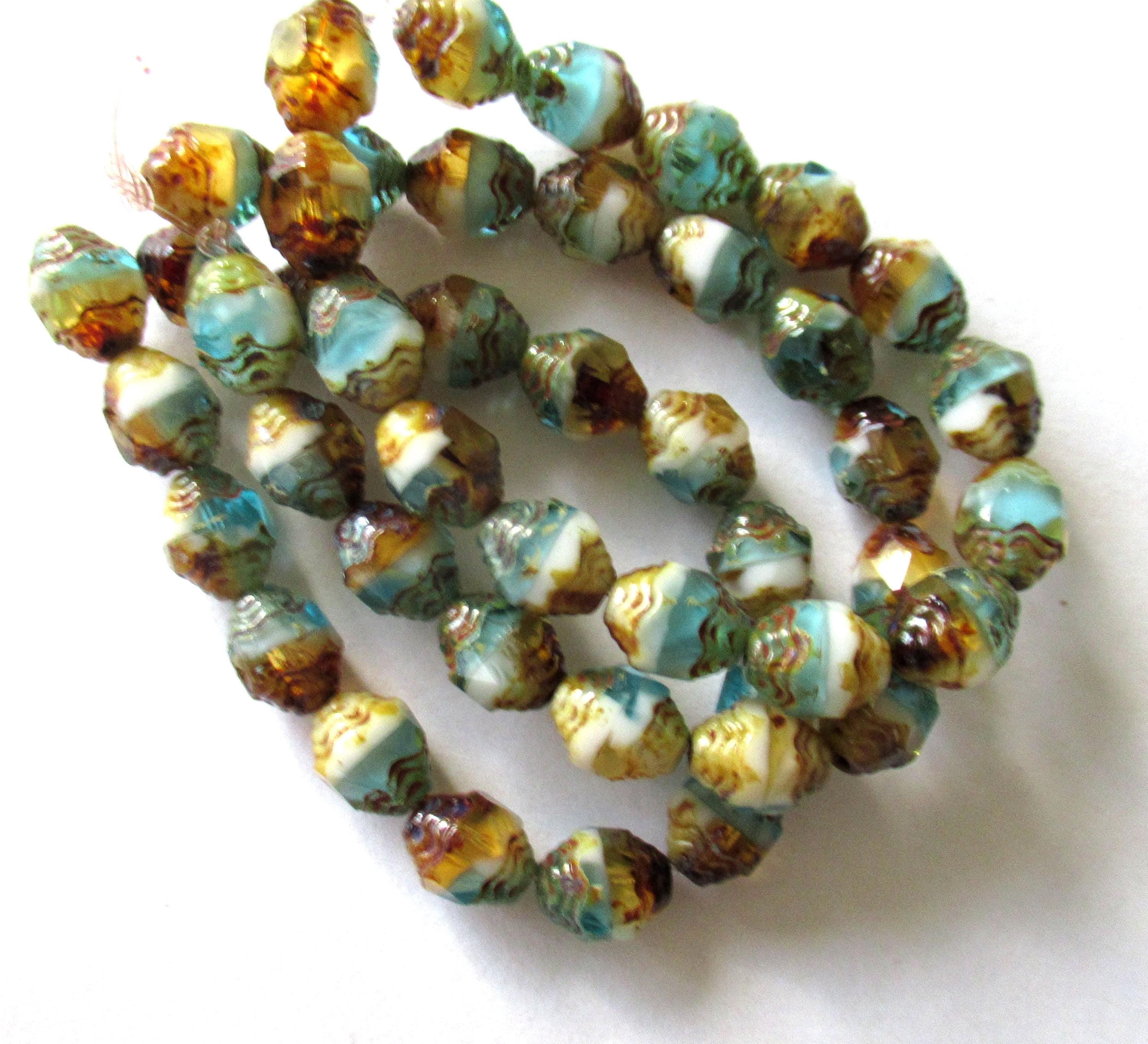 15 Czech glass mini antique style faceted oval cathedral beads - 8 x 6mm amber blue and white color mix beads with a picasso finish - C00071