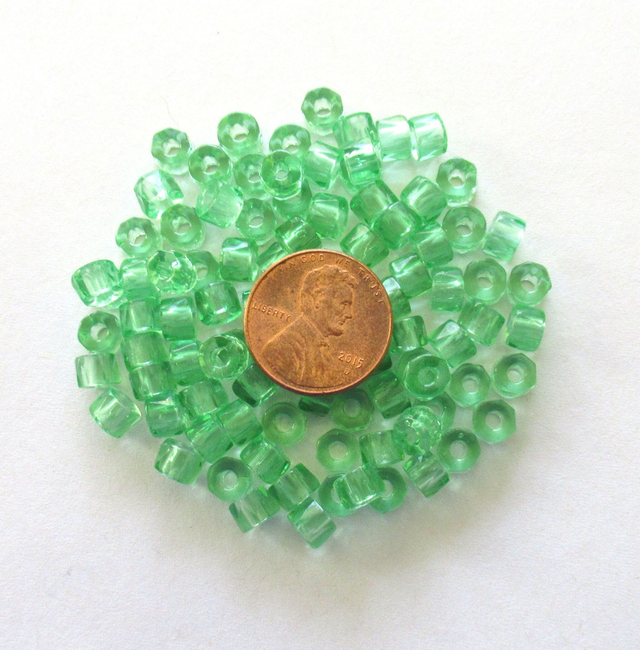 Fifty 6mm faceted mint green Czech glass pony roller beads - large hole crow beads - C00831
