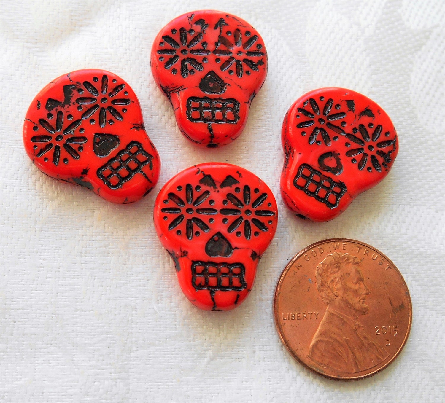 Four large red & black Czech glass skull beads, opaque red glass with black wash, focal beads, 20mm x 17mm C02101