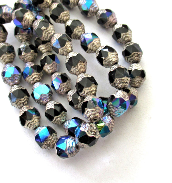 15 Czech glass mini antique style oval beads - 8 x 6mm jet black ab beads with silver accents - faceted fire polished beads - C00071