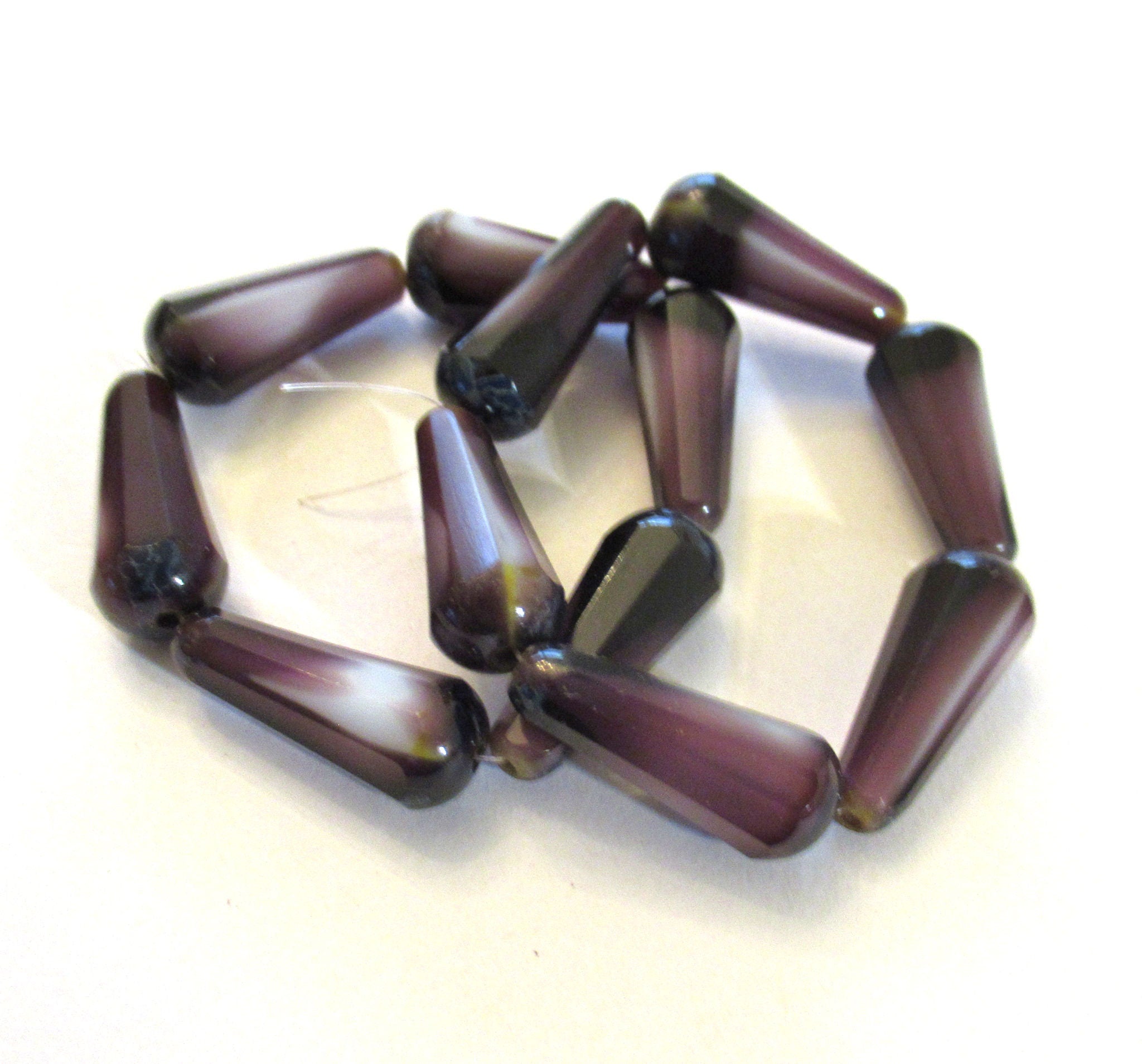 Six Czech glass long faceted teardrop beads - amethyst purple w/ white hearts & picasso finish on the ends - 9 x 20mm drop beads - 00552