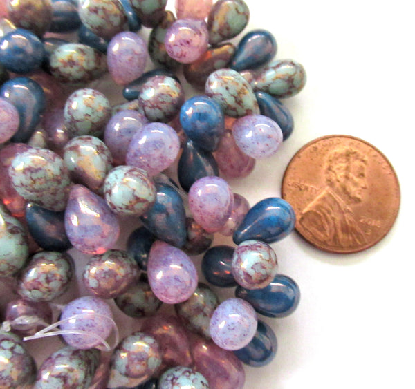 25 Czech glass drop beads - pink mint green & blue picasso color mix - smooth teardrop beads - 9 x 6mm C00081