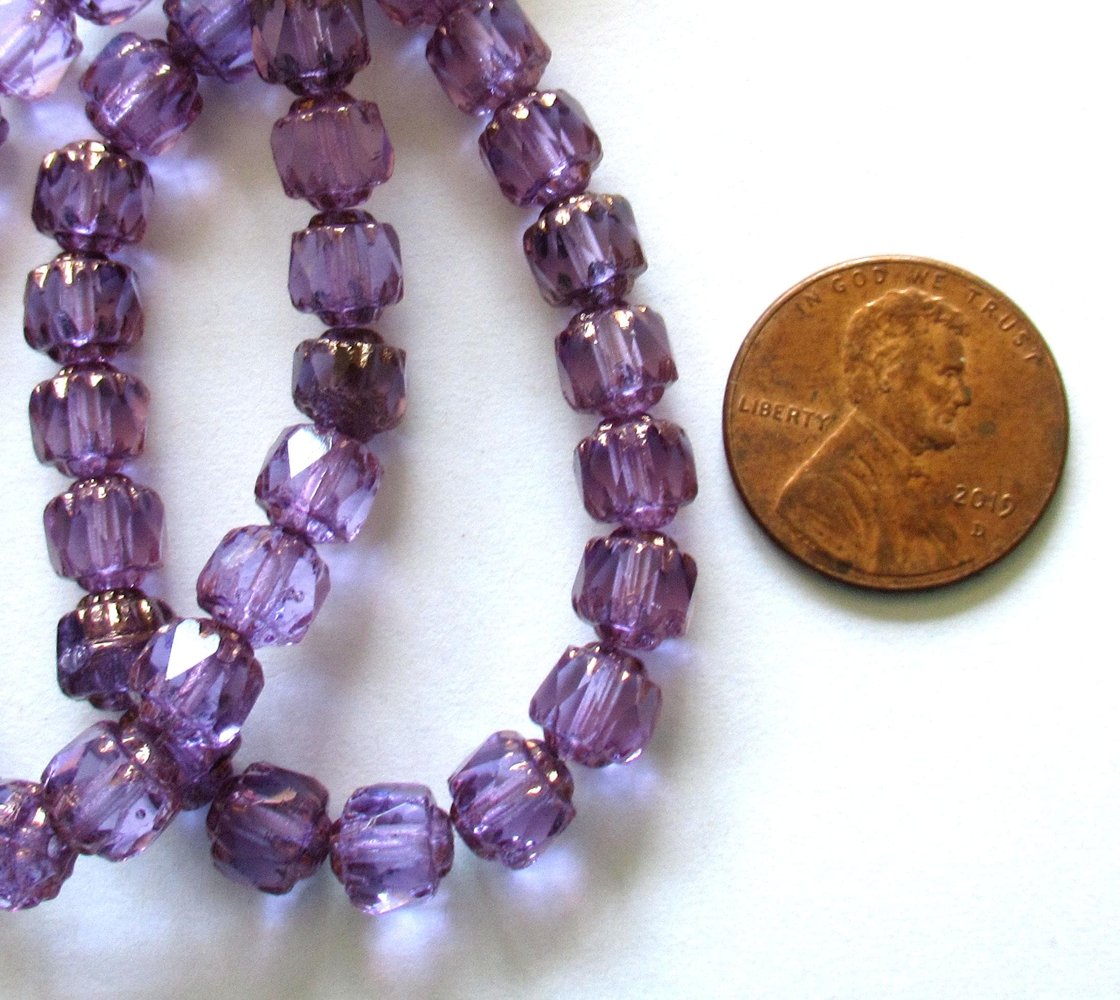 20 Czech glass cathedral beads - 6mm - light purple or lilac w/ bronze accents - faceted fire polished antique cut beads - C00072